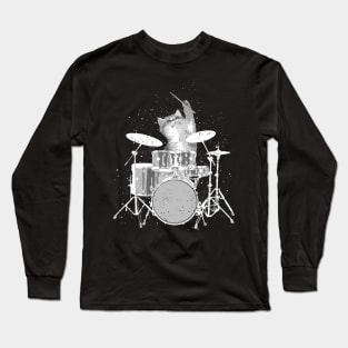 Grunge Cat Drummer - Distressed Rockstar Feline Long Sleeve T-Shirt